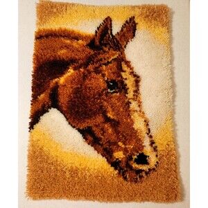 Latch Hook Rug Tapestry Horse Wall Hanging Vintage Hand Made Mid Century Modern